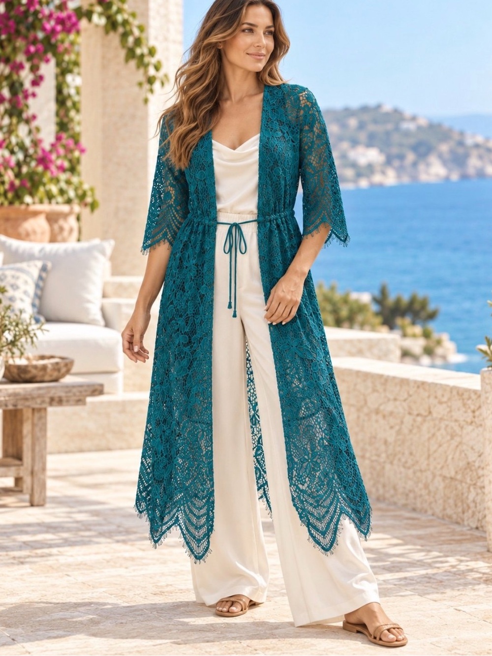 Xhilaration Teal Lace Long Kimono Cover-Up New Small